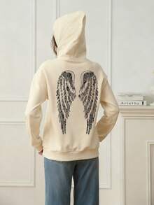 1件少女休闲印花套头卫衣，保暖内衬，长袖，秋冬季 - 杏色 - 查看 2