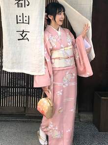 女性用正装着物4点セット アニメ風フォト撮影に最適 帯・扇子・頭飾り付き 神聖な雰囲気を醸し出す伝統的優雅着物 メイクアップアイテム一式同梱 - 桃 - チェックする 2