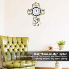 Termômetro de parede para ambientes internos com design de cruz e flores - Decoração metálica para sala de oração cristã, termômetro de parede com flor verde para sala de estar e quarto - Medidor de temperatura preciso