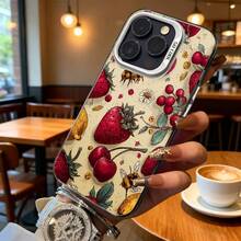 Funda de Teléfono Color Crema Patrón Floral de Fresa Cereza Abeja Para iPhone 14 15 Pro Max  Galaxy S23 S24 Plus Opción de Regalo Ideal Para Todas las Estaciones - Plateado - Ver 6