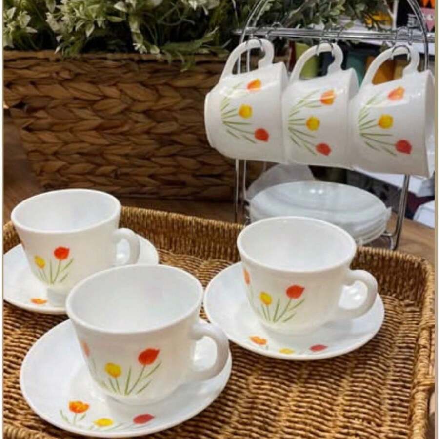 Jogo 6 Xicaras com Pires Tulip Garden Porcelana Fratelli Decorado 220ml - Multicolorido - Visão 1