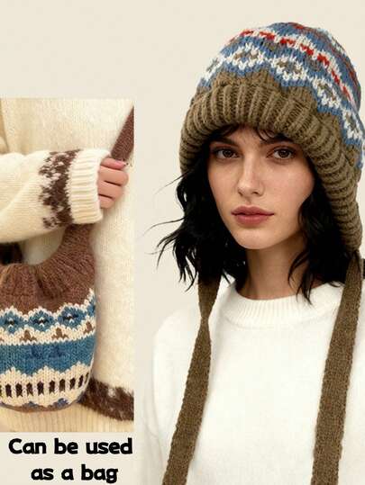 1件装女士波西米亚风保暖耳罩帽，秋冬季户外旅行骑行针织加厚绒面保暖无檐帽，二合一帽子可作包包使用，针织设计保暖耳罩，撞色日常穿搭波西米亚风针织帽