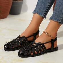 Women's Artistic Knit Hollow-Out Headscarves, Spring/Summer/Autumn New Style, Outdoor Chunky Heel Vintage Roman Sandals, Versatile - Black - View 13