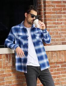 Flannel Shirt For Men Cotton Long Sleeve Plaid Shirt Lightweight Button Up Checkered Shirt Jacket With 2 Pockets - 棕色 - 查看 9