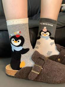 1/4 双可爱卡通企鹅百搭舒适中筒袜，秋冬圣诞礼物 - 彩色 - 查看 9