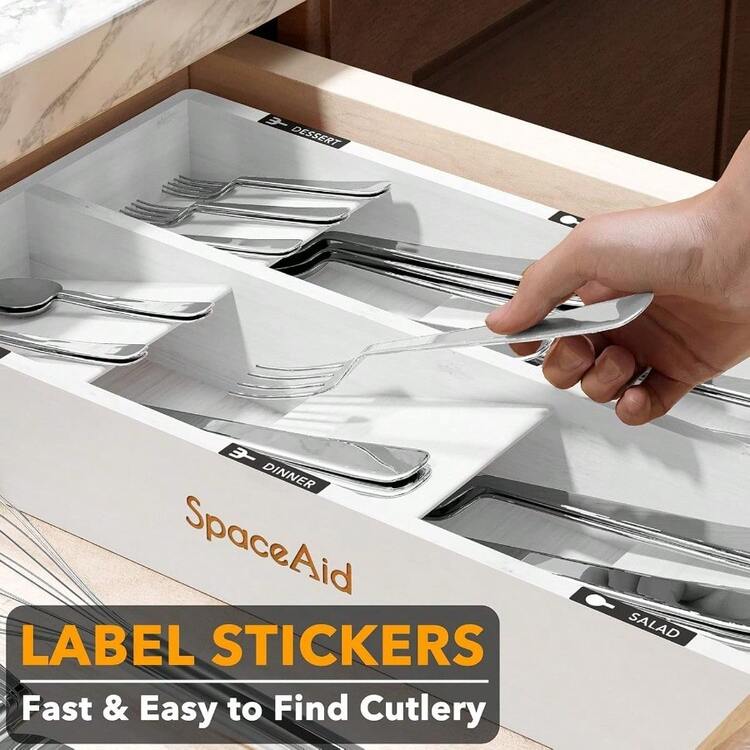 Bamboo Silverware Drawer Organizer With Labels Kitchen Utensil Tray Holder Organizer For Flatware Cutlery Spoon And Knives Drawer Storage Organization Natural 6 Slots - trắng - Xem 5