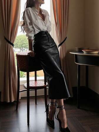 Elegant Pendling Daglig Affär Vintage Läder Hög Midja Slim Fit Pennkjol