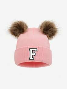 1pc Unisex Pink Personalized 26 Letter Print Faux Fur Pom Pom Knit Beanie Hat, Soft Warm Fashionable All-Match Cold-Proof Accessory, Suitable For Autumn/Winter Outdoor Daily Use, Great As Gift