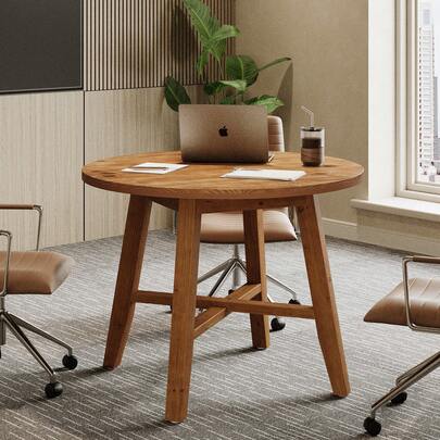 LITTLE TREE Conference Table For 2-4, 31.5-Inch Round Small Office Table With Solid Wood Construction For Small Spaces, Meeting Room, Or Offices (Brown)