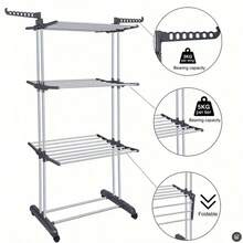 4-Tier Large Capacity Clothes Dryer Upgrade With Wheels, Foldable Stainless Steel Clothes Dryer, Sturdy Indoor/Outdoor Clothes Dryer, Space-Saving, Grey - 淺灰色 - 查看 11