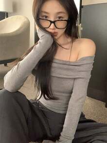 Un hombro de punto las mujeres de otoño de manga larga ajustada camisa de fondo picante sexy sin tirantes tops cortos blusas elegantes dama - Gris - Ver 2