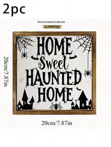 1/2 件，迷人的乡村农场艺术木制标牌，8x8 英寸，“甜蜜鬼屋”复古墙面装饰，带有蜘蛛网和鬼屋设计，适用于万圣节、厨房、浴室、客厅、入口 - 无需电力，恐怖万圣节装饰