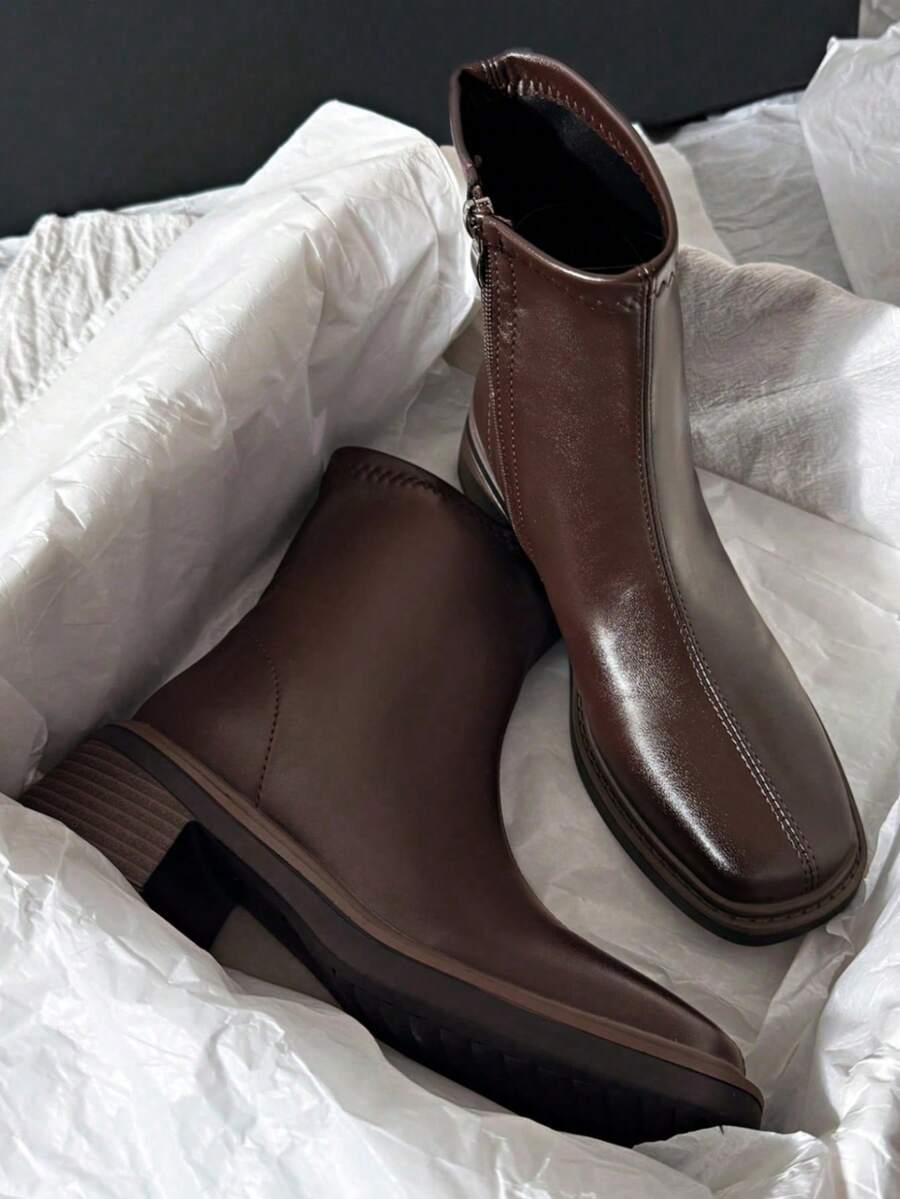 女式复古平底切尔西踝靴，低跟，百搭，后拉链，春秋季