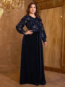 XUIBOL فستان سهرة طويل الأكمام بياقة على شكل حرف V من القطيفة المرصع بالترتر، مقاس كبير، فستان رسمي للسهرات، فستان حفلة، فستان ضيف الزفاف، فستان سهرة - أزرق بحري - مشاهدة 9