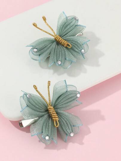 Set de 2 pinzas para el cabello de niña con mariposa de malla con rhinestones, adecuado para decoración diaria