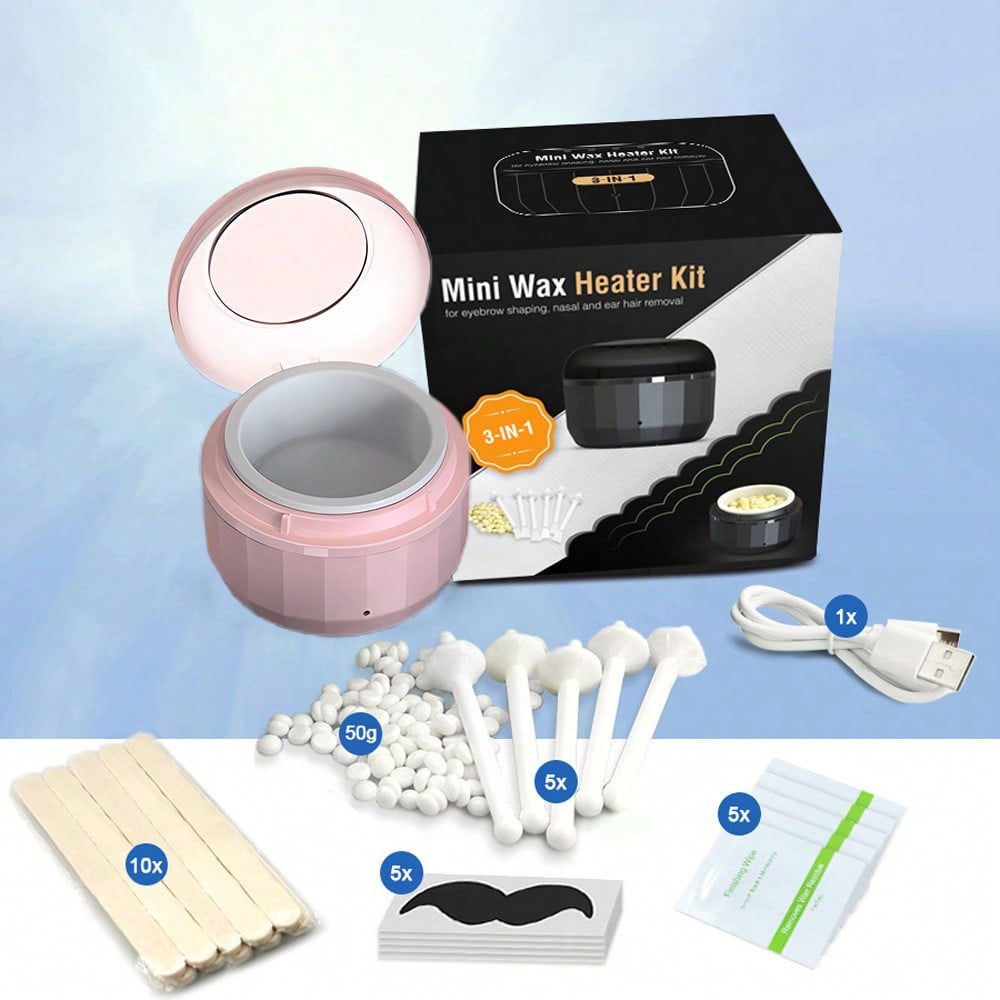 Nose Hair Wax Kit For Men And Women: Facial Waxing Kit With Black Mini Heater, USB Rapid Heating, Constant Temperature, 50g Wax, 5 Ear Wax Applicators, 10 Wooden Waxing Sticks, 5 Moustache Stencils