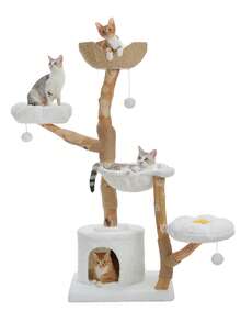 PAWZ Road 59" Modern Cat Tree Tower For Large Cats W/2 Flower Perches-Natural Solid Wood Scratching Post With Real Branch-Luxury Boho Cat Furniture W/Condo & Wicker Basket Bed, Cloud White - 白色 - 查看 11
