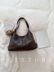 1 pieza Bolso de hombro de mujer de gran capacidad de unicolor FEISTURE PU, con cierre magnético y colgante de peluche, adecuado para salidas diarias, citas y viajes - Café - Ver 4