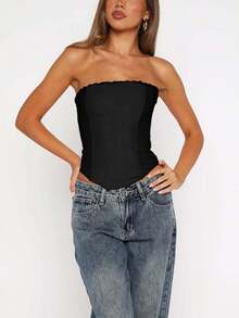 Women Bandage Back Off Shoulder Tube Tops - 黑色 - 查看 3