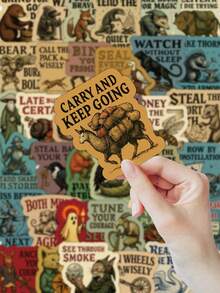 50张中世纪复古动物贴纸，仿古风格，拟人化动物图案和格言设计，适用于日记装饰，防水哑光乙烯基材质，可用于手机壳、马克杯等，激发智慧与勇气。