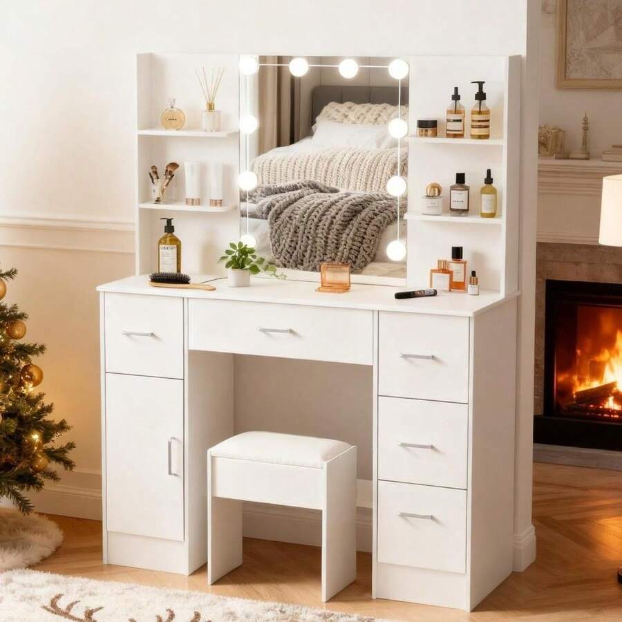 Makeup Vanity Desk With Lighted Mirror, 3 Color Light Modes Adjustable Brightness Settings, Drawers And Storage Shelves For Storage, Bedroom Furniture, Dressing Table, Christmas Birthday Gift For Women - White - View 1
