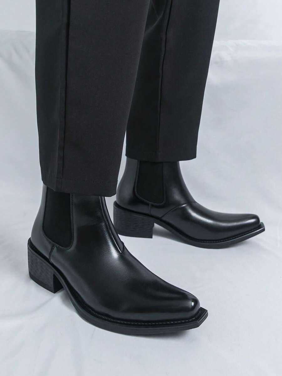 Men's Retro High Heel Chelsea Ankle Boots, Square Toe Glossy Leather Casual Business Dress Elevator Shoes - Black - View 1