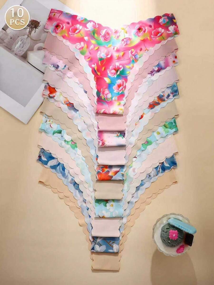 Paquete de 10 bragas triangulares sin costuras, cómodas y transpirables, con estampado de corazones y leopardo, ropa interior casual para mujer