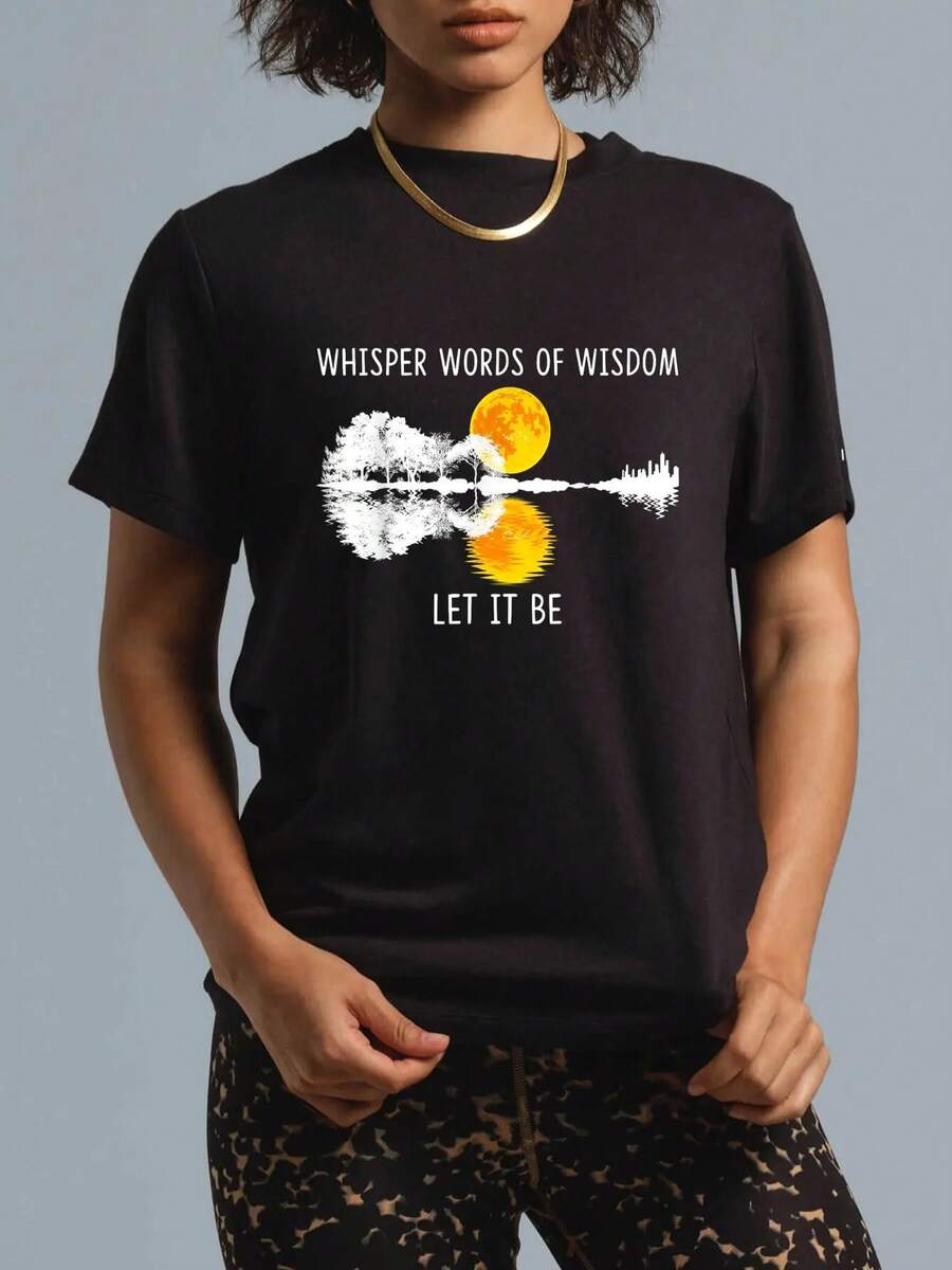 100% Cotton Whisper Words Of Wisdom Let-It Be Tshirt Guitar Lake Shadow T-Shirt Women's Men's Black Crew Neck T-Shirt Breathable Summer Tee Vacation Tops Fashion T-Shirt Dress - Black - View 1