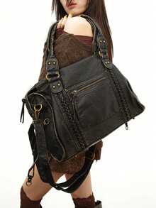 2025 Fashion Women Bag, Y2K Retro Motorcycle Bag, Soft Leather Large-Capacity Handbag, Wasteland Style Tote Bag, Ladies Shoulder/Crossbody Bag, Ultra-Soft Fabric, Bohemia Style Bag For Women, 2000s Fashion Style Bag For Women, Vintage Bag For Women, New Fashionable Big Bags For Women, New Arrival Tote Bags For Woman - 黑色 - 查看 7