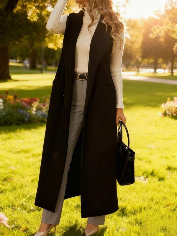 Vintage Dark Grey Long Vest For Women, Knee-Length Sleeveless Waistcoat Jacket With Lapel Collar, Double-Breasted Design, Loose Fit Slimming Commuter Versatile Solid Color Vest With Pockets, Casual