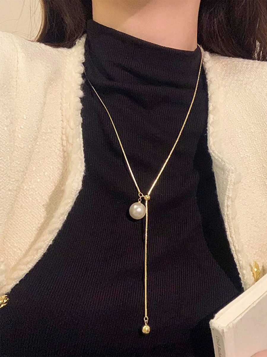 1 pieza Collar de Colgante de Perla Falsa Minimalista, Diseño de Moda Simple y Versátil Casual Largo para Sudadera, Adecuado para Fiestas, Vacaciones, Regalos y Uso Diario