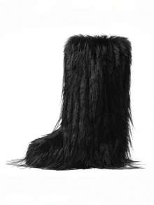Women Fashionable Fluffy Winter Christmas Furry Knee High Long Boots Pull-On Faux Fur Round Toe Boots Warm Boots Outdoor Flat Shoes Party Casual Winter Fall Boots - 黑色C - 查看 3