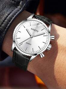 Reloj de cuarzo con correa de piel de poliuretano de color café para hombres de GAIETY, estilo de moda casual y de negocios, esfera con marcadores de barra minimalista, adecuado para uso diario, decoración o regalo de vacaciones - Negro - Ver 3
