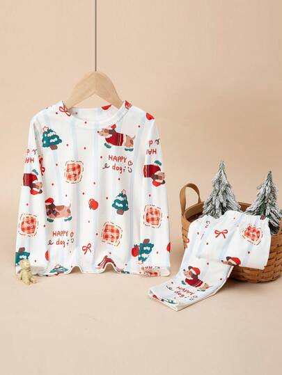 2pcs/Set Young Boys Christmas Pjs Long Sleeve Top And Pants Set, Santa Christmas Tree And Happy Dog Prints, Comfortable Underwear For Autumn/Winter