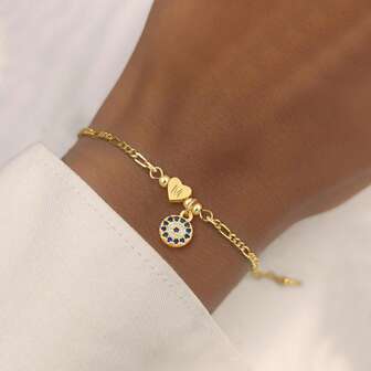 1pc New Vintage Fashion Heart Initial Round Gold Color Stainless Steel NK Chain Bracelet For Women