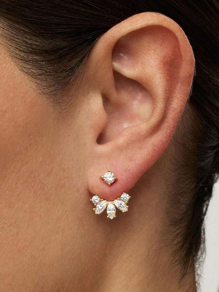 14K镀金立方氧化锆耳钉，低过敏性优雅水晶耳环，时尚首饰，适合婚礼佩戴 - 金色 - 查看 1