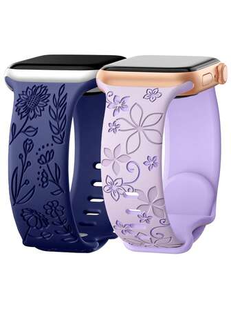 2 st blommigt armband kompatibelt med -armband för kvinnor 40 mm 38 mm 41 mm 42 mm 44 mm 45 mm 46 mm 49 mm, mjukt silikon graverat sött blomsterarmband för Apple Watch-serien 11 10 9 8 7 6 5 4 3 2 1 SE Ultra/Ultra2/Ultra3