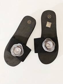 1 Pair Striped Floral (Combination) Plant Print Fashion Forward Slip-On Sandals With Elastic Band, Suitable For Beach, Outdoor, Vacation, All Seasons - Black - View 5