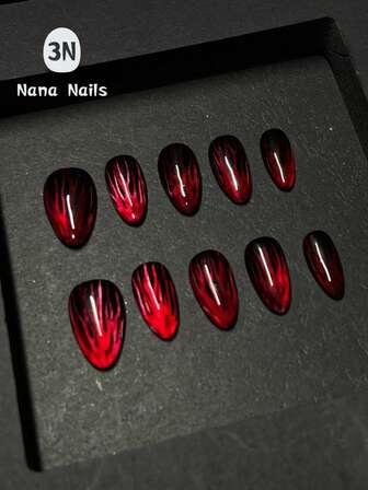 1 paket/10 st press-on naglar, Midnight Flame svarta press-on naglar - brinnande röda cat eye-flammor på svarta press-on naglar | Midnight Fire lyser i mörkret lösnaglar för kvinnor, gotisk nagelkonst