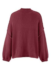 Joy Knit 女式秋冬毛衣，时尚新款 - 简约宽松针织开衫，带金属纽扣，长袖毛衣外套 - 酒紅色 - 查看 5