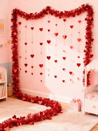 2m Valentine's Day Heart Party Decorative Ribbons - Ribbons, Wreaths, Golden Lights, Colorful Pink Ribbons, Rainbow Decorative Strips, Suitable For Weddings, Birthday Parties, Gift Wrapping, Home Decor, Room Decor, Party Backdrops, Staircase Railings, Fireplaces, Kitchens, Winter Room Decor