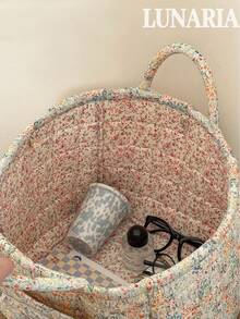 1Pc Floral Print Quilted Storage Basket Laundry Basket Large Capacity Portable Storage Bag Foldable Snack Basket With Handle For Women And Girls Cosmetic Storage Basket Toy Storage Basket Skincare Storage Basket Women Makeup Storage Multifunctional Storage Basket Cosmetic Organizer Home Decor Livingroom Bedroom Decor Bathroom Decor - 彩色 - 查看 10