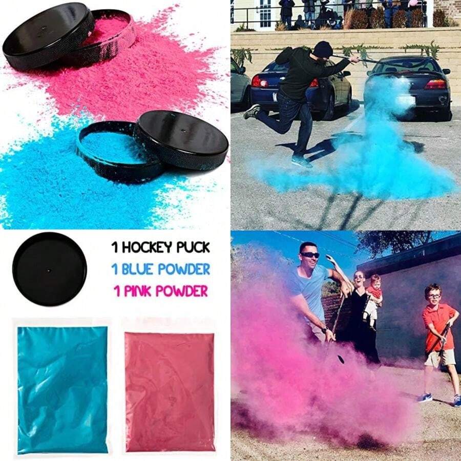 Puck de hockey con polvo rosa y azul | Hockey sobre hielo Baby Reveal Party Supplies(default) - Multicolor - Ver 1