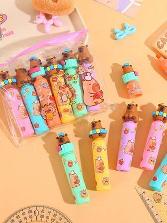 6color Cartoon Capybara Highlighter Pen,Capybara Bottle-Shaped Fluorescent Pen, Marker Pen For Highlighting, Halloween And Christmas Gift,Random Style