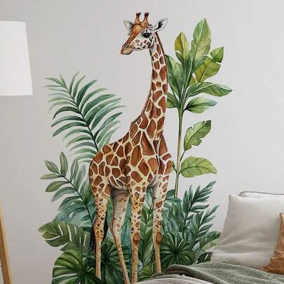 2pcs/Set Large Jungle Giraffe Wall Stickers, Tropical Leaves Wall Decals For Nursery Room Playroom Decor