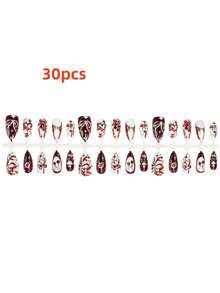 30PCS Handmade European And American Style Nail Stickers, 3D Almond Nail Tips With Hearts, Cherries, Stars, Pearls, And Bow Decorations - Shiny White And Red Two-Tone, Short Almond Shape, Elegantly Designed Fake Nails, Suitable For Women And Girls. Perfect For DIY Nail Art On Valentine's Day, Nail Supplies. - Multicolor - View 11