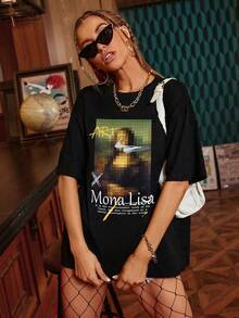 Camiseta de hombros caídos con estampado de slogan y figura - Blanco - Ver 6