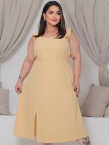 Women's Plus Size Midi Dress, Sizes G1 And G2, Simple, Casual, Conservative/Modest, Elegant, Divided, Formal And Evening. - Vàng - Xem 2
