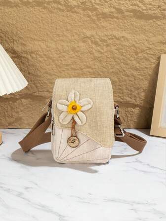 1pc (Random Cut) Bohemian Handmade Floral Decor Button Shoulder Crossbody Bag, Original Design Cute Multi-Compartment Flip Cover Phone Pouch