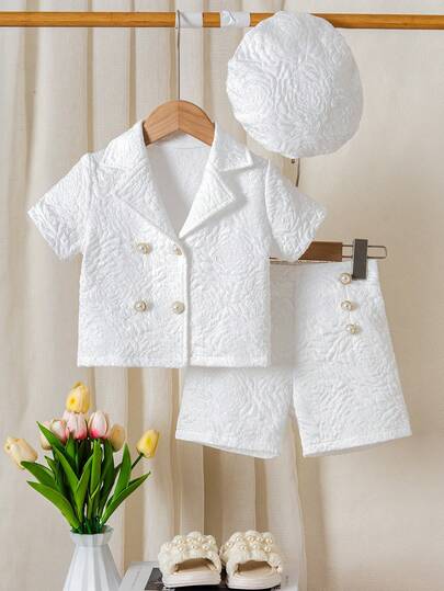 Vitt 3-delat kostymset för flickor, 4-7 år, elegant skjorta + shorts + hatt, klassisk barnkostym, jacquardtyg med textur, vintagechic, lämplig för festivaler, födelsedagar, fotografering, vår/sommar